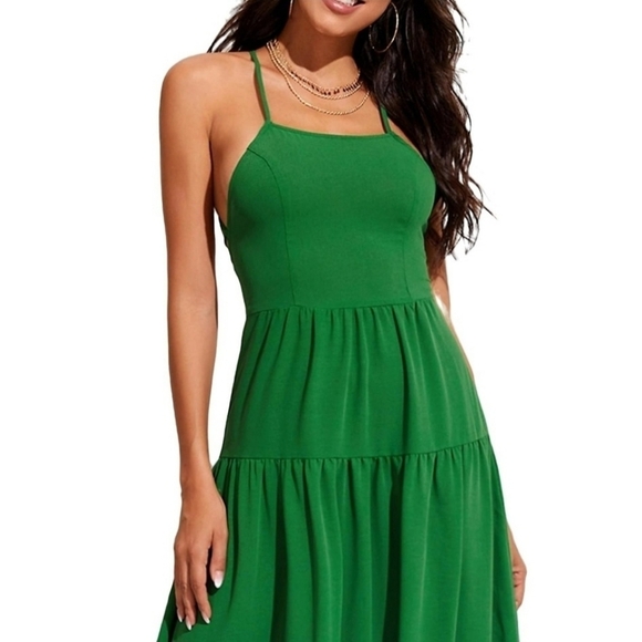 Boho Spaghetti Strappy Back Tiered Flowy Maxi Midi Cami Babydoll Dress Green - Picture 6 of 10